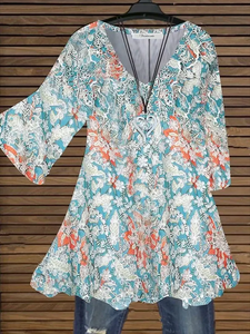 V NECK SHORT SLEEVE FLORAL-PRINT CASUAL SHIRTS & TOPS