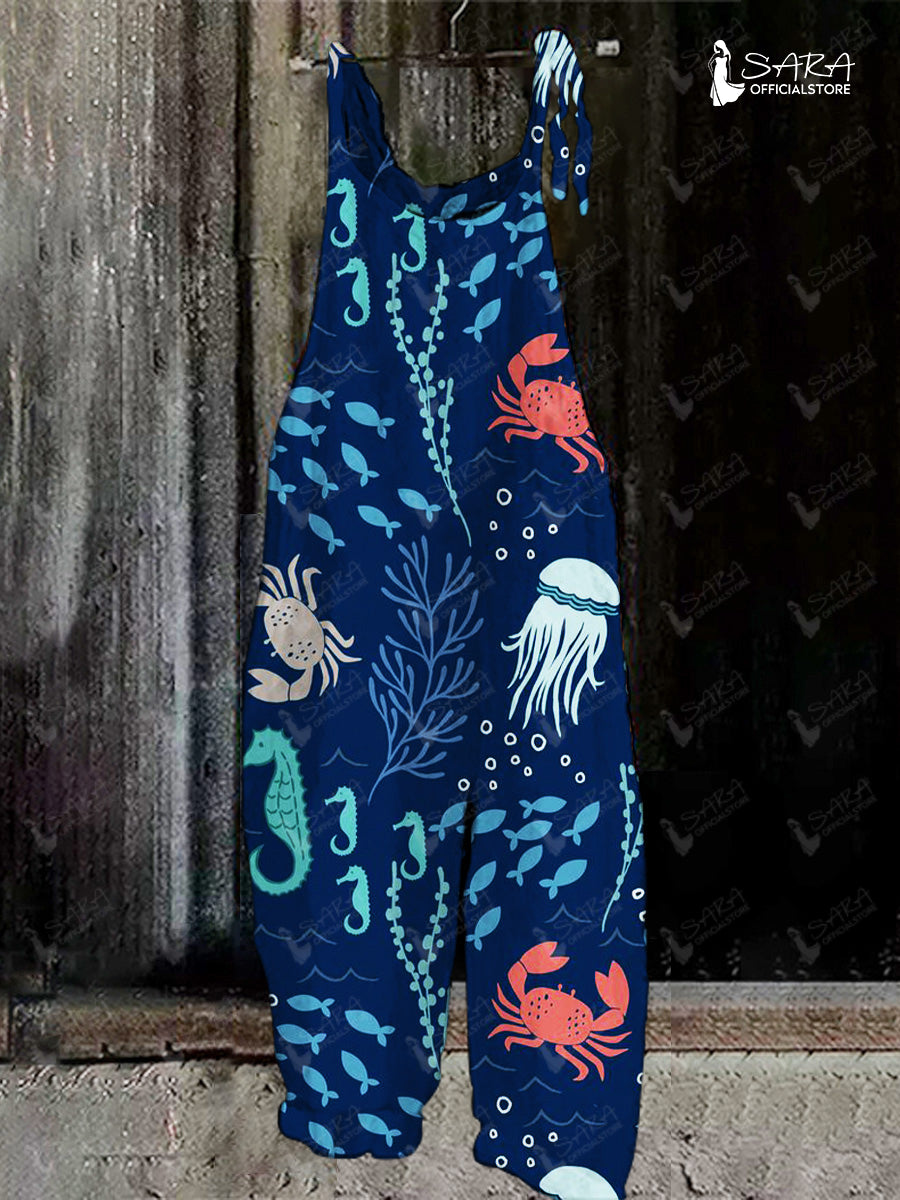 Ladies Casual Seahorse Print Pocket Jumpsuit