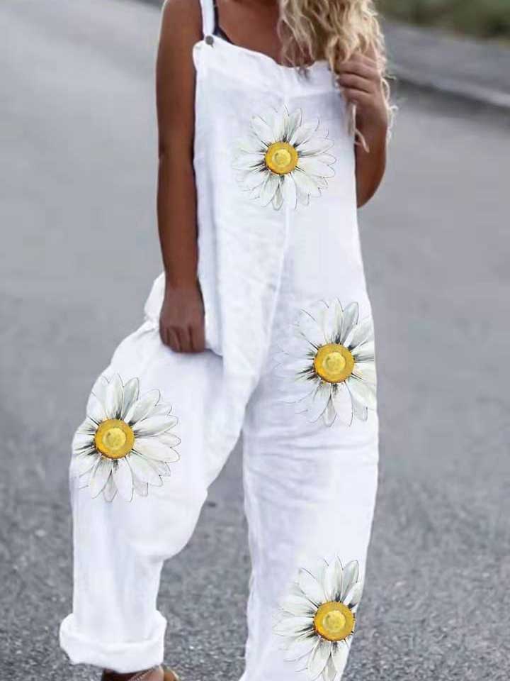 Sunflower print ladies casual cotton jumpsuit